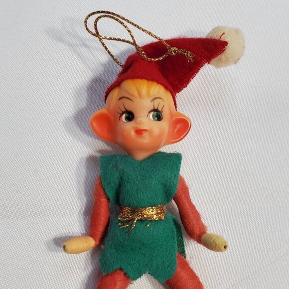 Vintage Pixie Elf Elves Christmas Ornament With Green Felt Outfit Red Hat 1950's - Picture 5 of 5